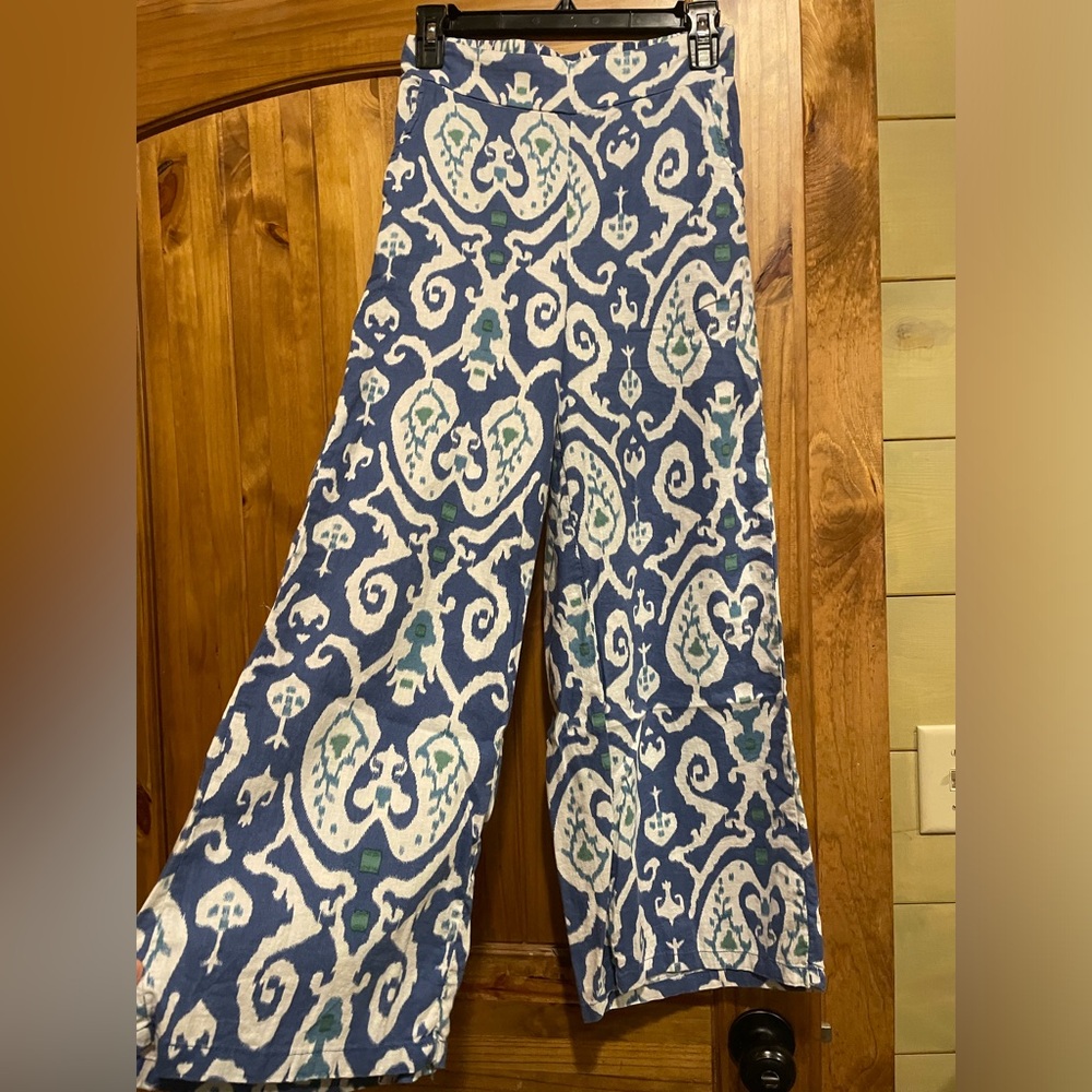 Women’s Wide Leg Linen Blend Cropped Pants XS Blue/Green